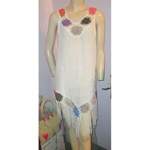 Vtg Crochet Granny Square Dress Size L Gauze Beach Coverup Fringe Sheer Boho